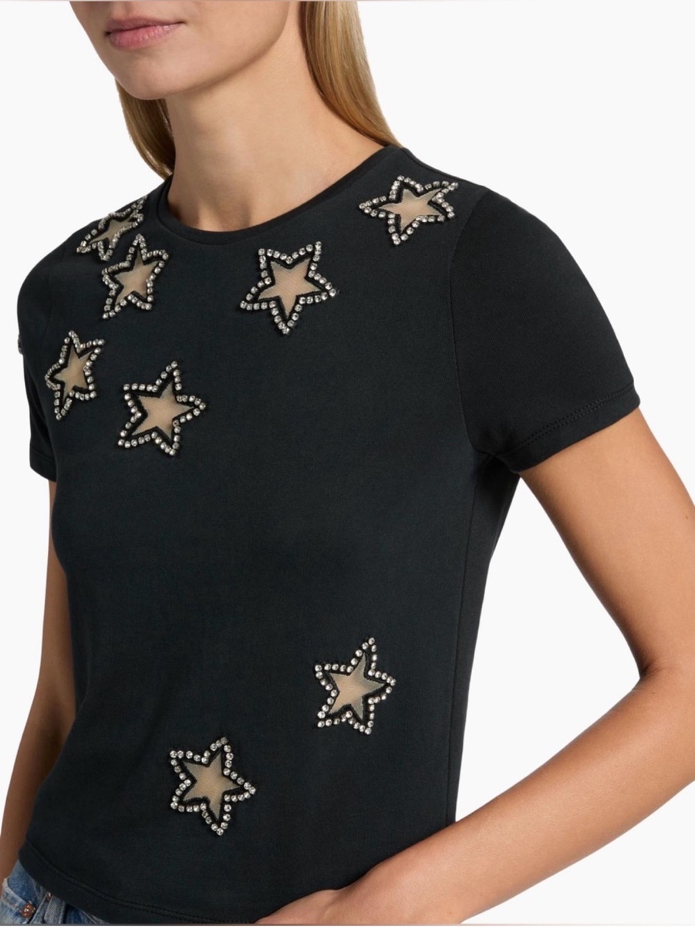 Alice + Olivia Black Short Sleeve Star Embellished Tee